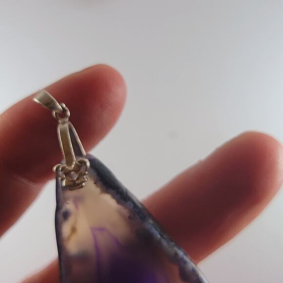 Purple Agate Slice Pendant 2.25" Polished Teardrop Necklace Sterling Bail - Picture 3 of 9